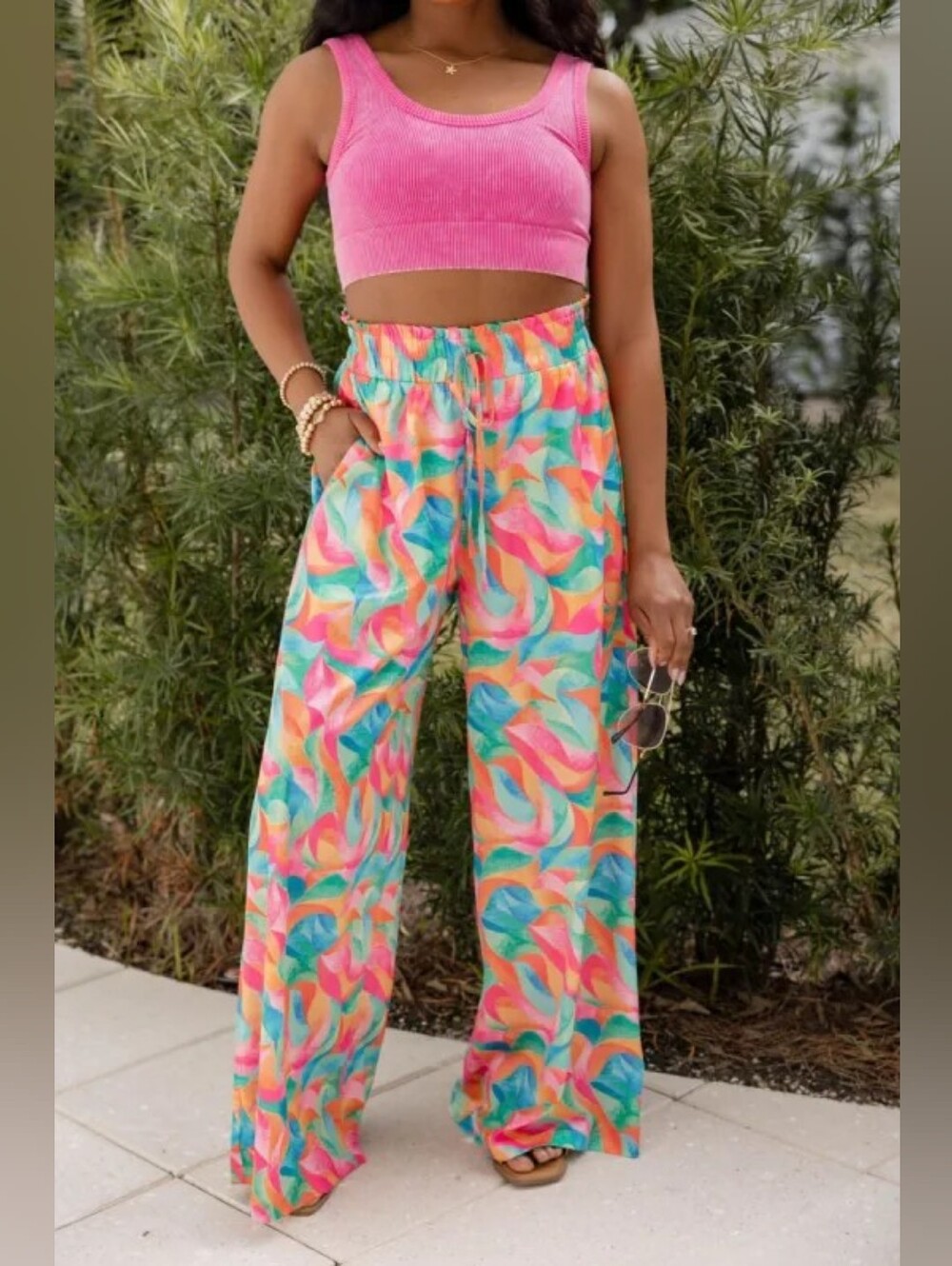 Pink Lily Kaleidoscope Dreams Tropical Satin High-Waisted Wide-Leg Pants Size XL